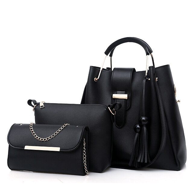 Women's Bag Set PU Leather 3 Pcs Purse Set Shopping Zipper Tassel Black ...