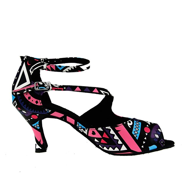  Women's Latin Shoes Sandal Cuban Heel Leather Silk Buckle Pattern / Print Black / Performance