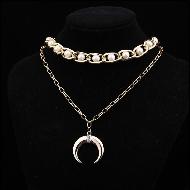  Women's Pendant Necklace Moon Star double horn Basic Fashion Imitation Pearl Alloy Gold Necklace Jewelry 1pc For Daily Casual