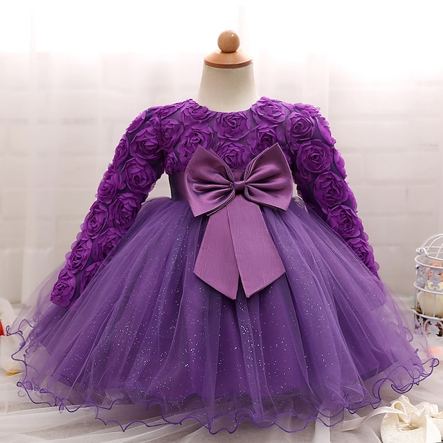  Baby Girls' Dress Flower Princess Party Birthday Cotton Blue Purple Blushing Pink Solid Color Floral Bow Long Sleeve