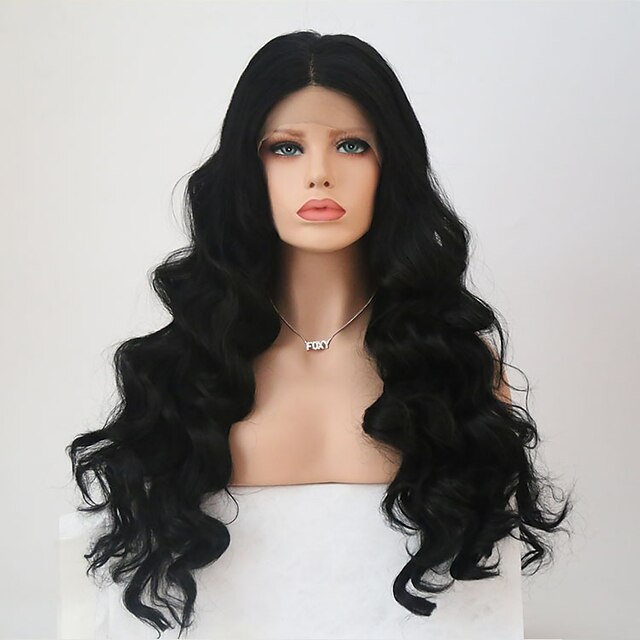  Synthetic Lace Front Wig Body Wave Body Wave Lace Front Wig Long Natural Black Synthetic Hair Middle Part Sew in Black