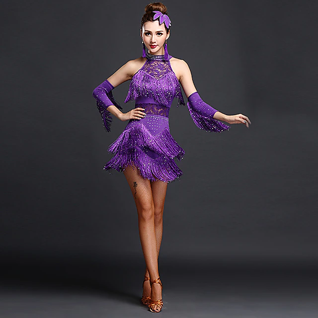 Latin Dance Dress Fringed Tassel Crystals Rhinestones Women‘s Performance Sleeveless High