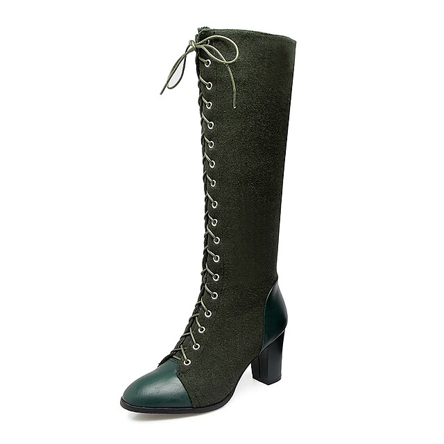  Women's Boots Knee High Boots Plus Size Chunky Heel Round Toe Vintage Ankle Strap Riding Boots Dress Zipper Lace-up Solid Colored Synthetic Nylon Leatherette Knee High Boots Winter Black / Green
