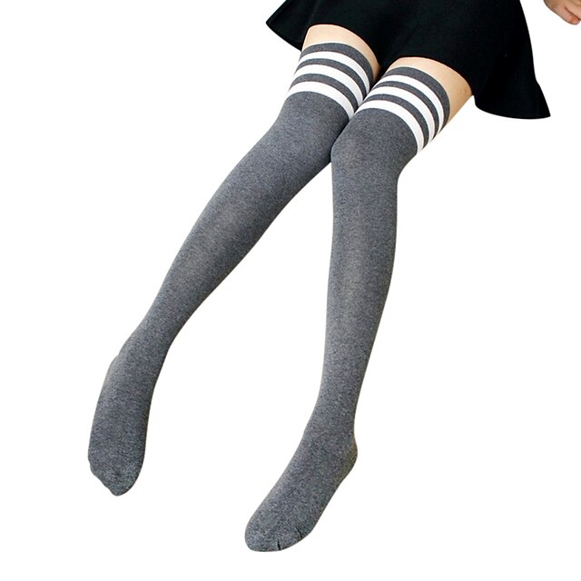  Women's Lolita Socks / Long Stockings Thigh High Socks White Black Gray Striped Stripes Above Knee Cotton Lolita Accessories / High Elasticity