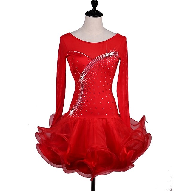  Latin Dance Dresses Women's Performance Spandex Cascading Ruffles / Crystals / Rhinestones Long Sleeve Dress