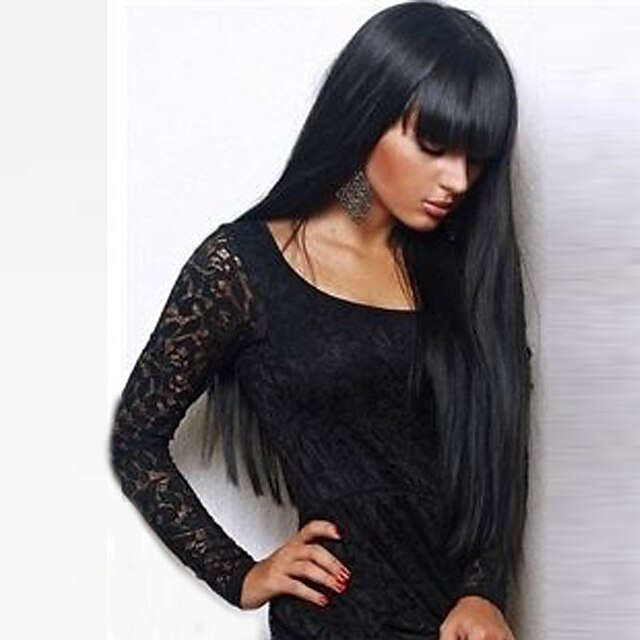  czarne peruki dla kobiet peruka syntetyczna prosto kardashian prosto z grzywką peruka długa naturalna czarna #1b włosy syntetyczne 24 cale z grzywką czarne peruki świąteczne party