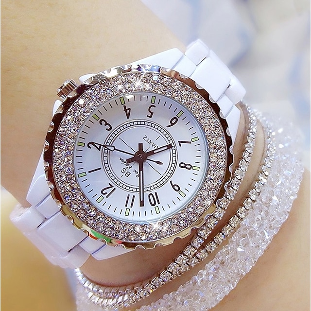  Reloj de cuarzo para mujer, elegante reloj de pulsera de diamantes de lujo con pulsera, banda de cerámica resistente al agua, diamantes de imitación, reloj de cuarzo para mujer