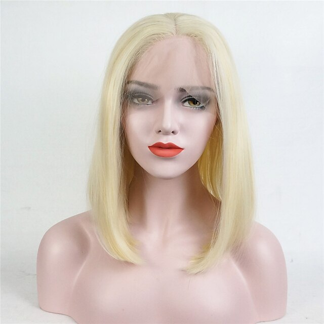  Synthetic Lace Front Wig Straight Straight Bob Lace Front Wig Medium Length Bleach Blonde#613 Synthetic Hair Women's Middle Part Blonde StrongBeauty