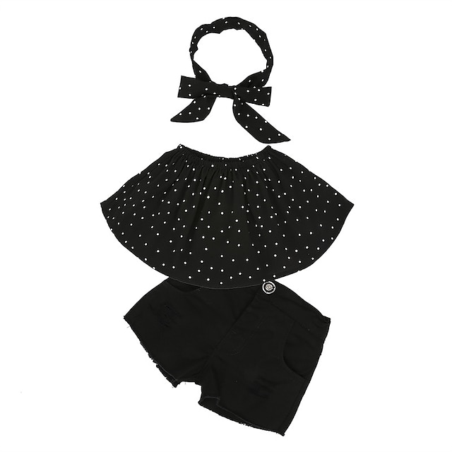  طفل صغير للفتيات مجموعة ملابس بدون كم أسود منقط نشيط أناقة الشارع