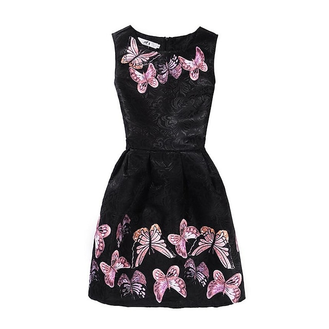  Kids Little Girls' Dress Floral Jacquard Butterfly Birthday Going out Black Sleeveless Casual Dresses