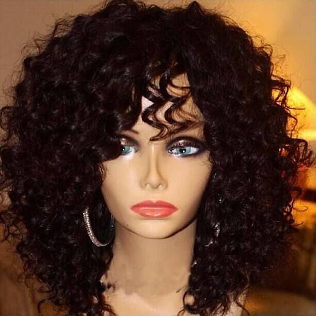  Human Hair Glueless Full Lace Full Lace Wig Bob Layered Haircut With Bangs style Brazilian Hair Kinky Curly Wig 130% Density with Baby Hair Dark Roots Natural Hairline 100% Virgin Unprocessed Women's