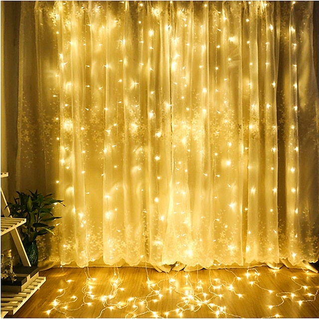  Christmas Décor Window Curtain String Light 3x3M 300 LED 8 Lighting Modes Remote Control for Christmas Bedroom Home Party Wedding Decorating Icicle Lamps