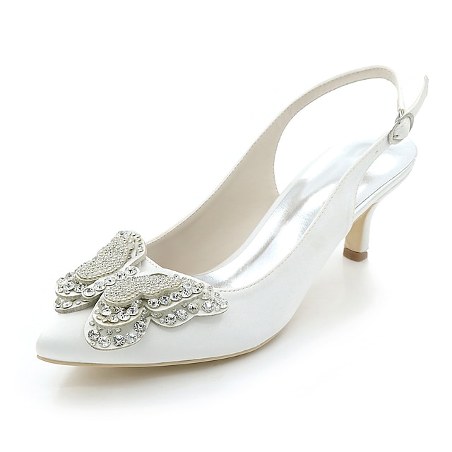  Women's Wedding Shoes Plus Size Wedding Party & Evening Wedding Heels Summer Rhinestone Bowknot Pointed Toe Basic Pump Satin Silver White Ivory