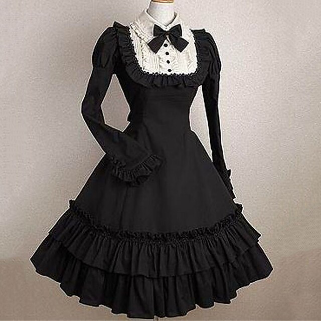  Prinsesse Gothic Lolita Punk Ruffle Dress Kjoler Dame Jente Bomull Japansk Cosplay-kostymer Svart Helfarge Mote Klokke Langermet Midi / Gotisk Lolita