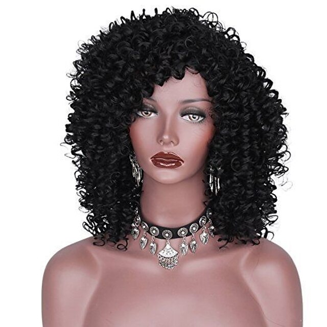  Synthetic Wig Curly Afro Curly Afro Wig Medium Length Natural Black Synthetic Hair Women's Side Part African American Wig Black