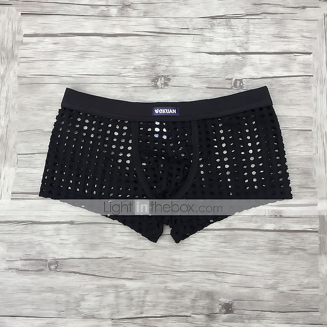  Men's Cut Out Sexy Boxers Underwear Micro-elastic Mid Waist Super Sexy Large Mesh Perspective Breathable U Convex Hemmed Wide Rib Boxer Black S