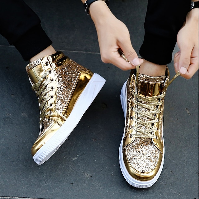  Men's Gold Glitter High Top Sneakers - Shiny Lace-Up Streetwear Shoes for Nightlife and Party Events