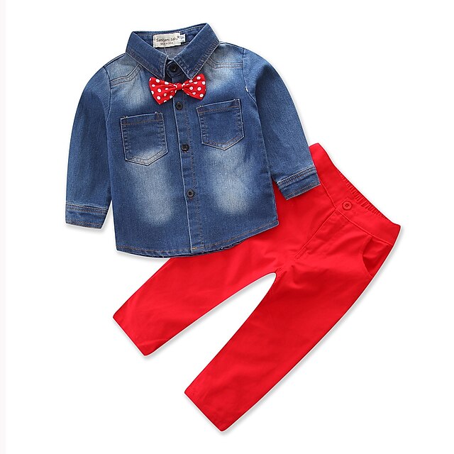  Kids Boys' Clothing Set Long Sleeve Red Print Cotton Party Daily Formal Bow Dresswear Regular / Fall / Spring