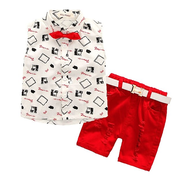  Toddler Boys' Casual Street chic Jacquard Cartoon Sleeveless Regular Clothing Set Red