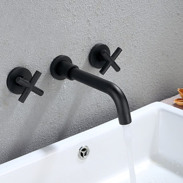  baterie chiuveta baie, montaj alamă pe perete finisaje vopsite pe scară largă două mânere robinete de baie cu trei orificii cu apă caldă și rece