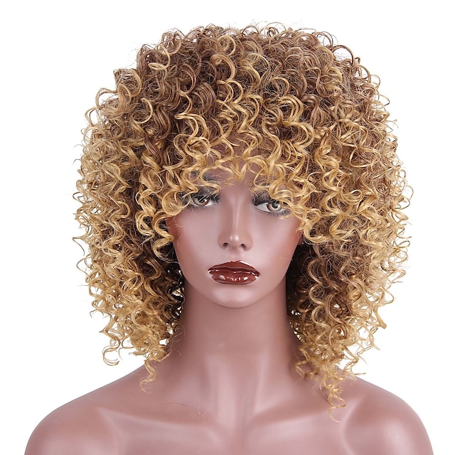  Perruque Synthétique Kinky Curly Très Frisé Avec Frange Perruque Court Blond Fraise / Medium Auburn Cheveux Synthétiques Femme Perruque afro-américaine Marron