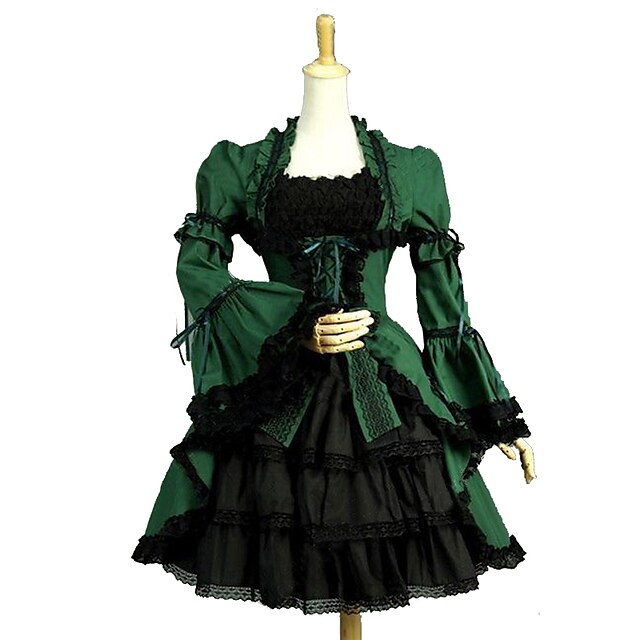  Gotycka Lolita Vintage List Elegancja Damskie Dla dziewczynek Sukienka Cosplay Zielony Pompiasty / Balonowy Krótki rękaw Do kolan Kostiumy na Halloween