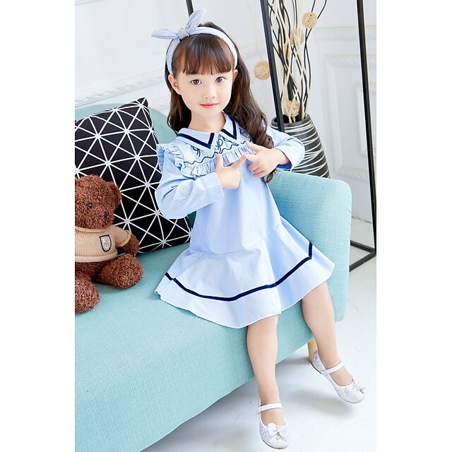  Toddler Little Girls' Dress Striped Birthday Casual / Daily Blue Long Sleeve Simple Dresses Fall Spring