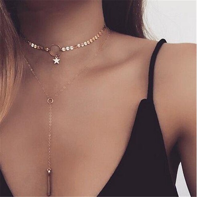  One-piece Suit Choker Necklace Layered Necklace For Women's Party Carnival Silver Plated Gold Plated Layered Tassel Fringe Lariat Star