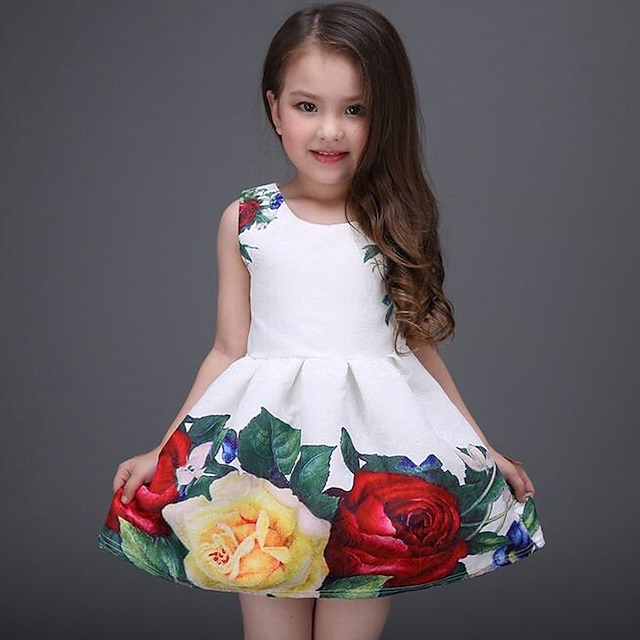  Kids Little Girls' Dress Floral Daily Holiday Print White Sleeveless Sweet Dresses Summer Slim