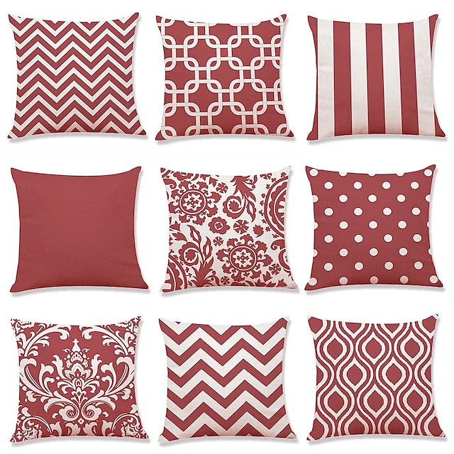  9 pcs Linen Pillow Cover, Geometric Art Deco Plaid / Check