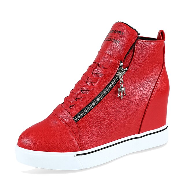  Women's Shoes PU(Polyurethane) Comfort Sneakers Walking Shoes Wedge Heel Round Toe / Closed Toe Zipper / Lace-up White / Black / Red