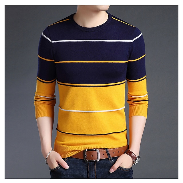  Men's Sweater Pullover Sweater Jumper Knit Regular Print Striped Round Neck Basic Daily Clothing Apparel Winter Fall Blue Camel M L XL