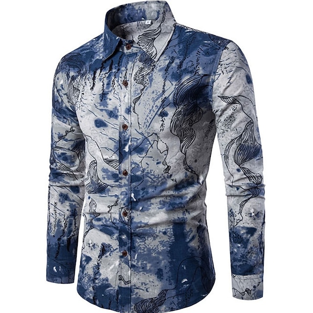  Homens Camisa Social Abstrato Colarinho Colarinho Italiano Azul Verde Cinzento Para Noite Final de semana Manga Longa Imprimir Roupa Temática Asiática