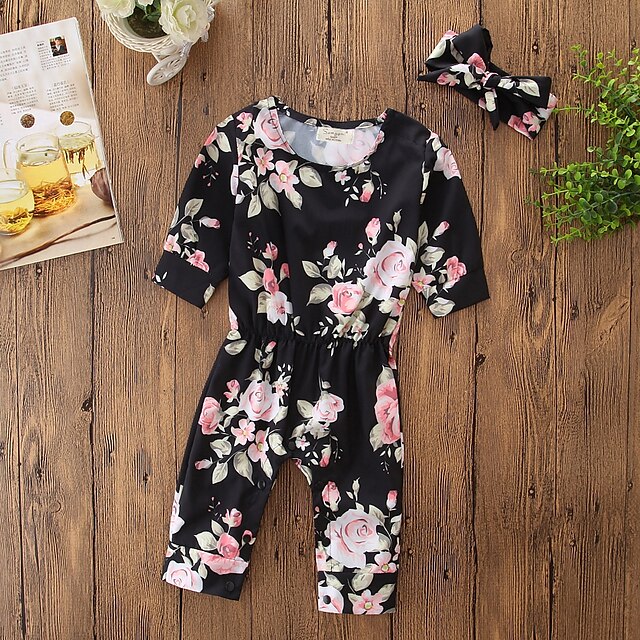 Baby Girls' Bodysuit Simple Active Going out Casual / Daily Cotton Black Floral Polka Dot Long Sleeve / Toddler / Cute / Fall