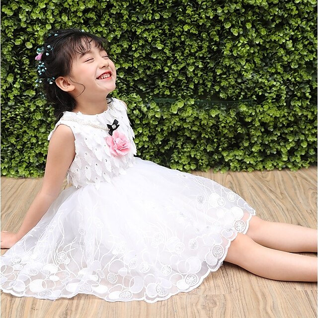  Kids Girls' Daily Going out Solid Colored Embroidery Jacquard Sleeveless Dress White / Cotton / Cute / Princess