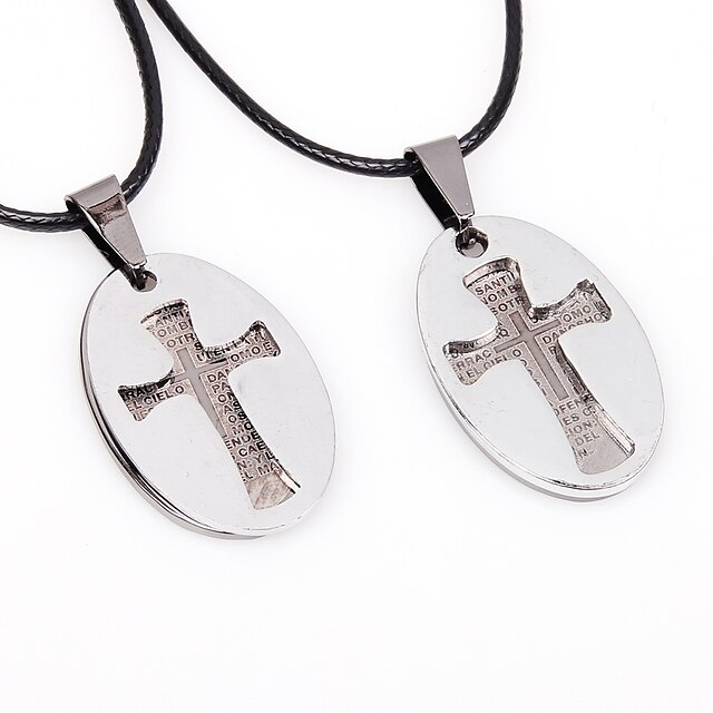  Paar Pendant Halskette Kreuz damas Koreanisch Hip-Hop Edelstahl Leder Silber Modische Halsketten Schmuck 2pcs Für Ausgehen Valentinstag