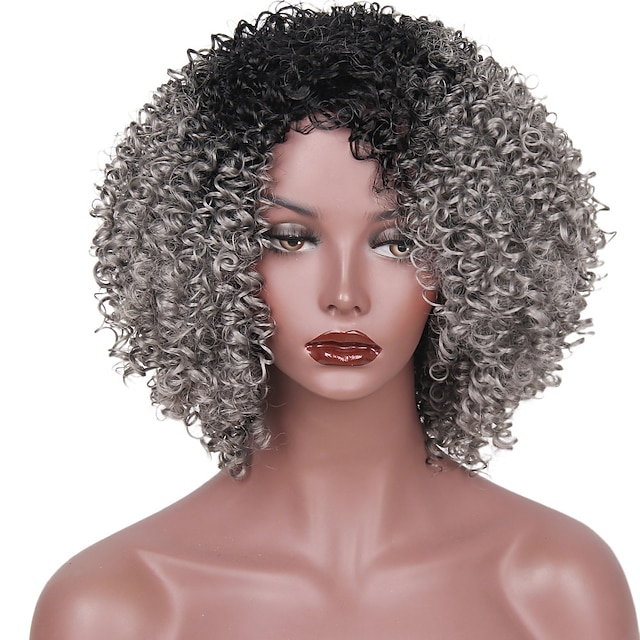  Συνθετικές Περούκες Afro Άφρο Κούρεμα με φιλάρισμα Περούκα Κοντό Μαύρο / Γκρι Συνθετικά μαλλιά Γυναικεία Μαλλιά με ανταύγειες Γκρι