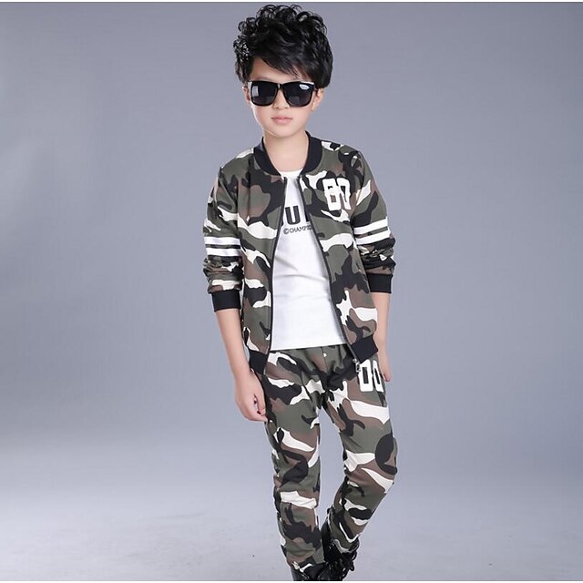  Boys 3D Striped Camo / Camouflage Clothing Set Long Sleeve Spring Fall Streetwear Casual Punk & Gothic Cotton Polyester Daily Sports