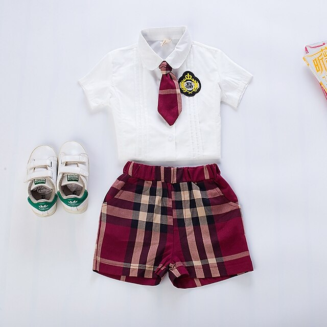  Toddler Boys' Shirt & Shorts Clothing Set Half Sleeve Red Plaid Checkered Daily