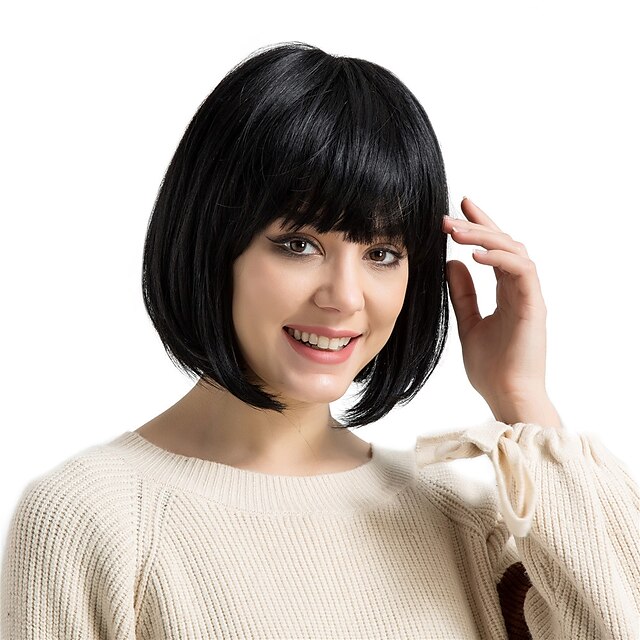  Human Hair Capless Wigs Human Hair kinky Straight Bob / Short Hairstyles 2019 / With Bangs Natural Hairline Medium Length Machine Made Wig Women's