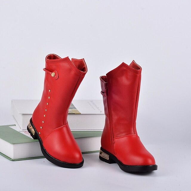  Para Meninas sapatos Pele Real Inverno Outono Botas da Moda Conforto Botas Botas Cano Médio para Casual Branco Preto Vermelho