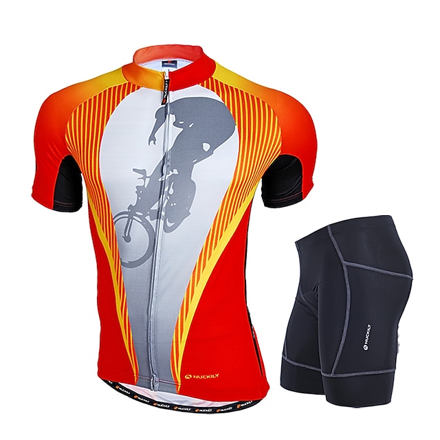  Nuckily Men's Short Sleeve Cycling Jersey with Shorts - Orange Bike Clothing Suit Windproof Breathable 3D Pad Anatomic Design Reflective Strips Sports Polyester Spandex Vertical Stripes Mountain Bike