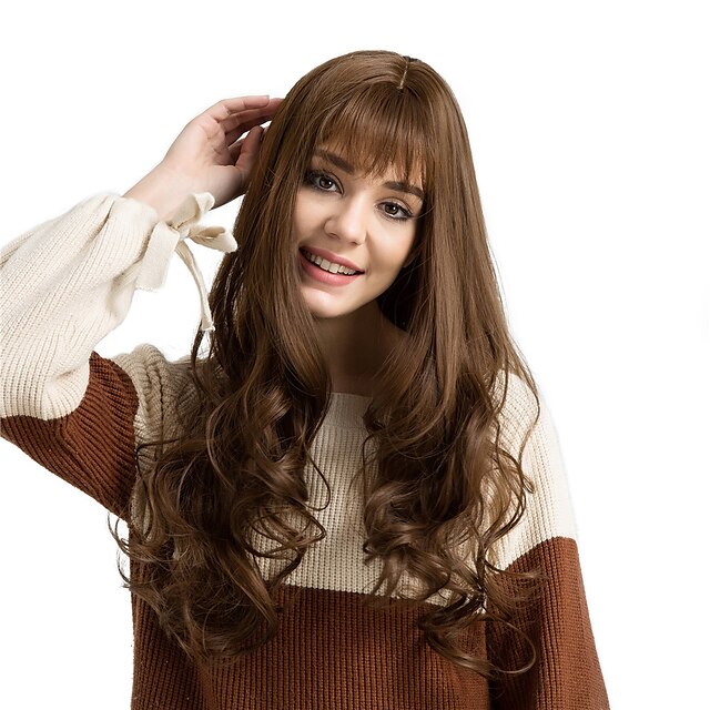  Synthetic Wig Deep Wave Deep Wave With Bangs Wig Very Long Light Brown Synthetic Hair Women's Brown MAYSU