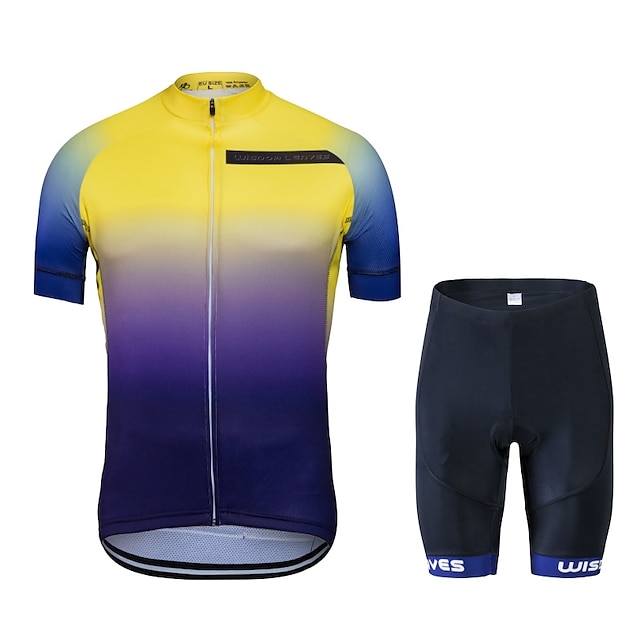  Wisdom Leaves Men's Women's Cycling Jersey with Shorts Short Sleeve Mountain Bike MTB Road Bike Cycling Blue Yellow Gradient Bike Clothing Suit Polyester Quick Dry Back Pocket Sports Gradient