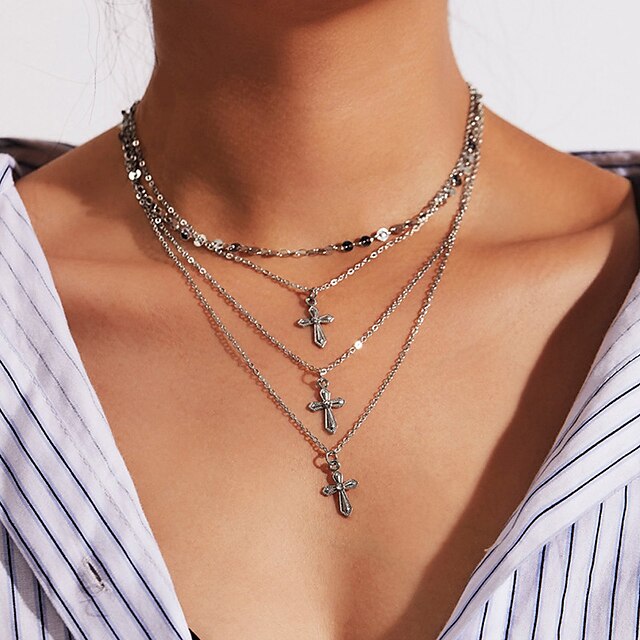  Women's Layered Necklace Layered Cross Ladies Fashion Multi Layer Alloy Gold Silver Necklace Jewelry For Birthday Gift Daily Ceremony Evening Party