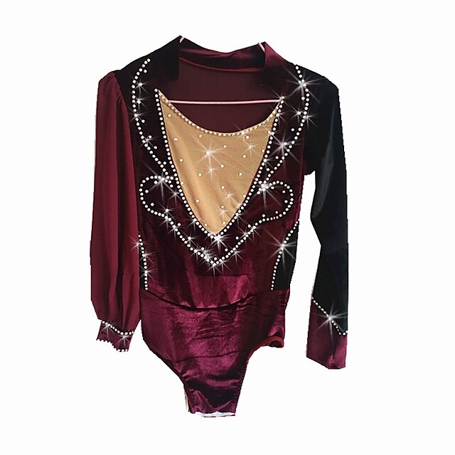  Figure Skating Top Boys' Ice Skating Top Burgundy Spandex / Stretch Yarn Stretchy Professional / Beginner Skating Wear Creative / Floral