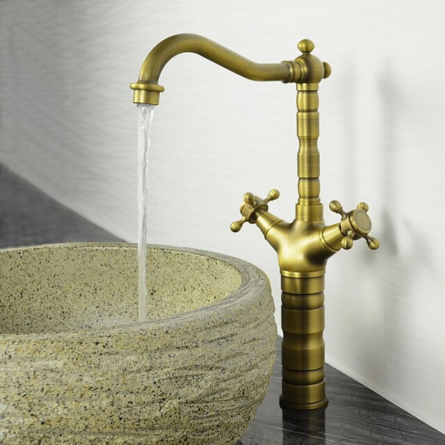  Håndvasken vandhane - Standard Antik Messing Vandret Montering Et Hul / To Håndtag et hulBath Taps