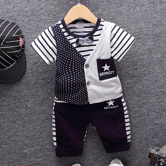  Boys 3D Geometric Striped Clothing Set Half Sleeve Summer Seperate Bodies Cotton Toddler Daily
