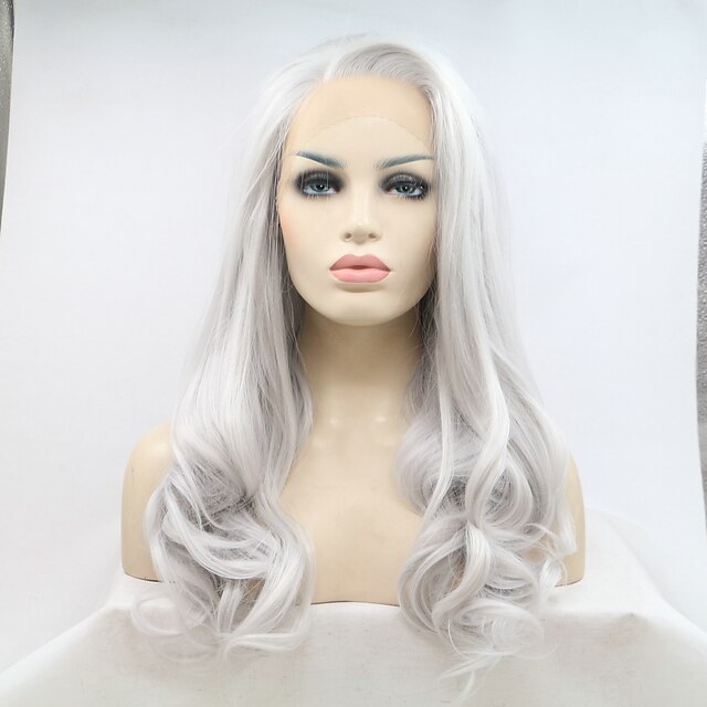  Synthetic Lace Front Wig Natural Wave Kardashian Natural Wave Side Part Lace Front Wig Long Silver Synthetic Hair 20-24 inch Women's Natural Hairline Silver