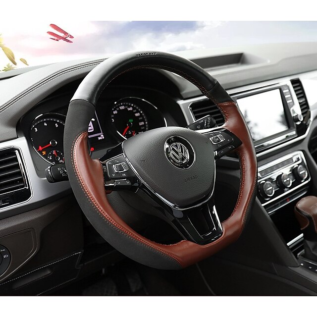  Steering Wheel Covers Genuine Leather 38cm Black / Coffee For Volkswagen Teramont 2017